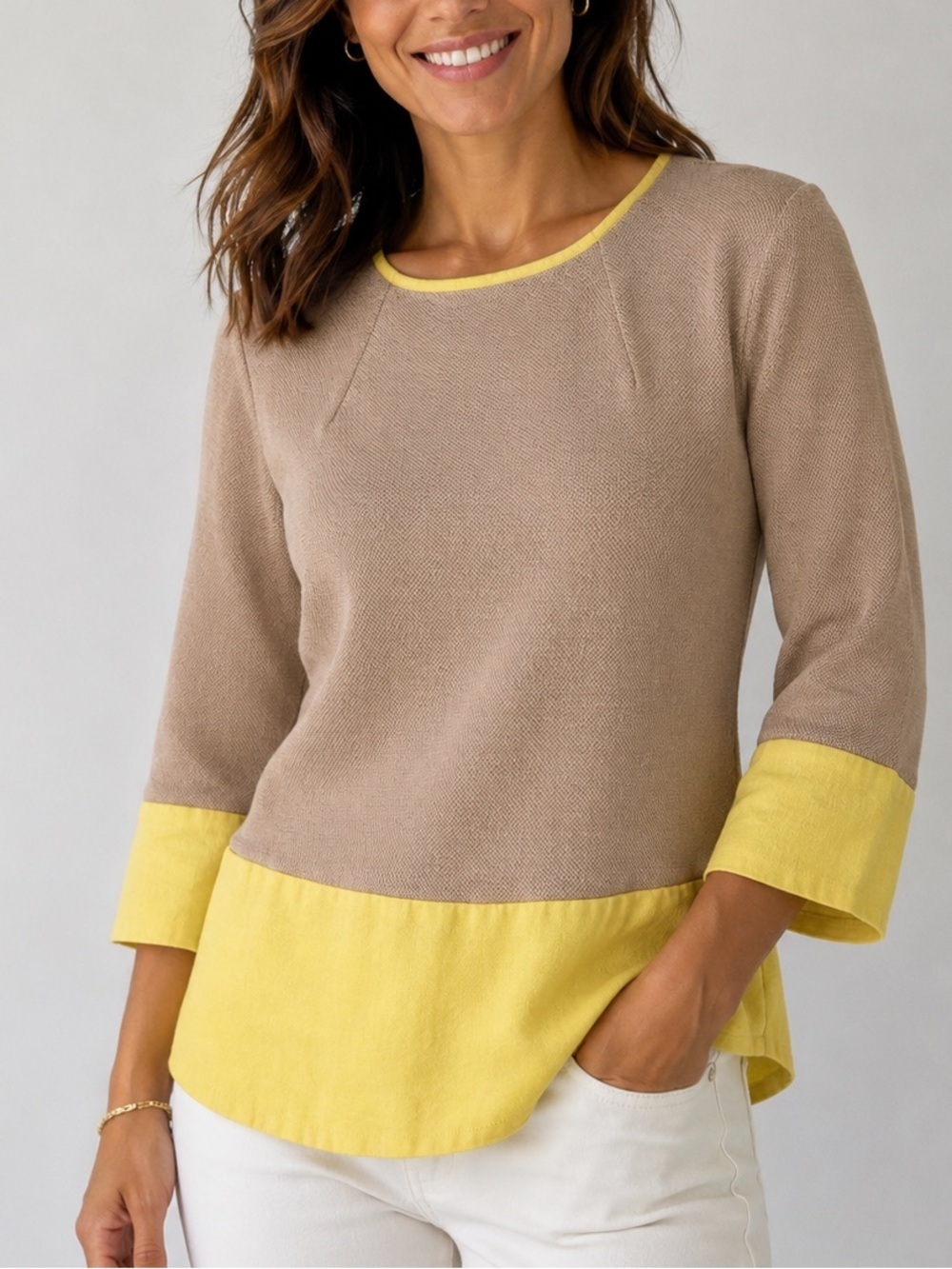 Massimo Dutti XL Beige Yellow Colorblock Knit Top Exposed Zip